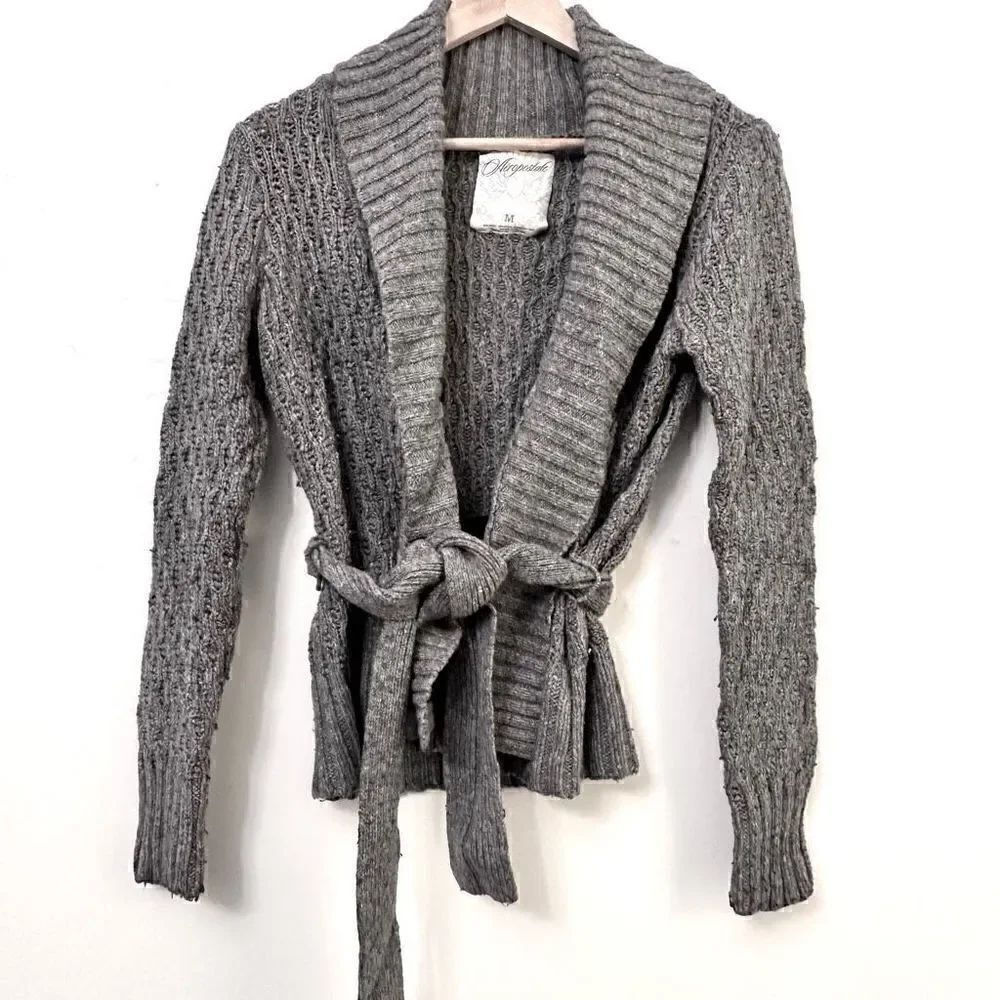 Vintage Y2K Aeropostale Womens Sweater Cardigan Knit with Tie Waist Gray Medium